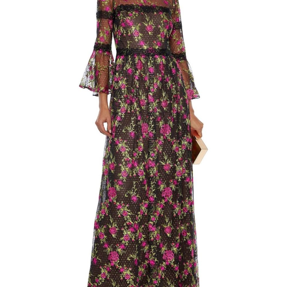 Marchesa Notte Lace-trimmed embroidered metallic Swiss-dot tulle gown